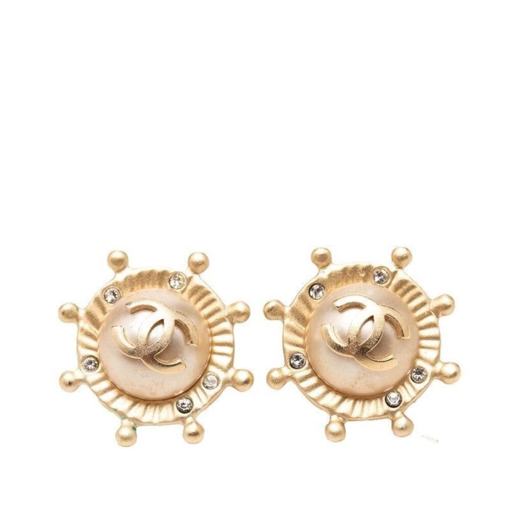 Chanel CC Logo Gold Plated Rhinestone Pierced Earrings
